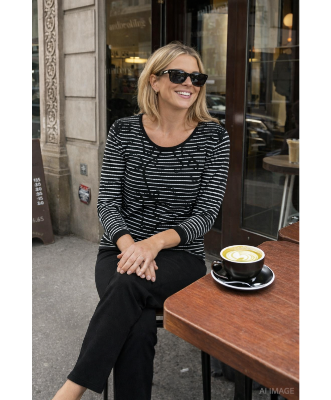 BLACK WHITE STRIPE PRINTED JUMPER ROUND NECK 3/4 SLEEVE