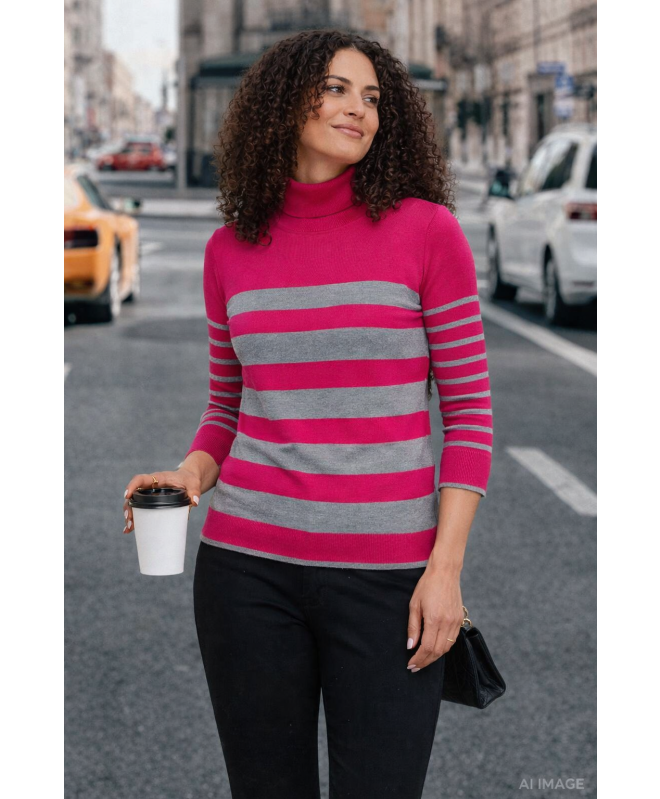 CERISE GREY ROLL NECK STRIPED JUMPER 3/4 SLEEVE