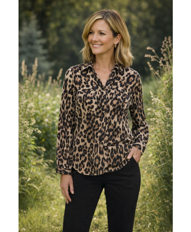 ANIMAL PRINT 3/4 SLEEVE BLOUSE FRONT POCKET