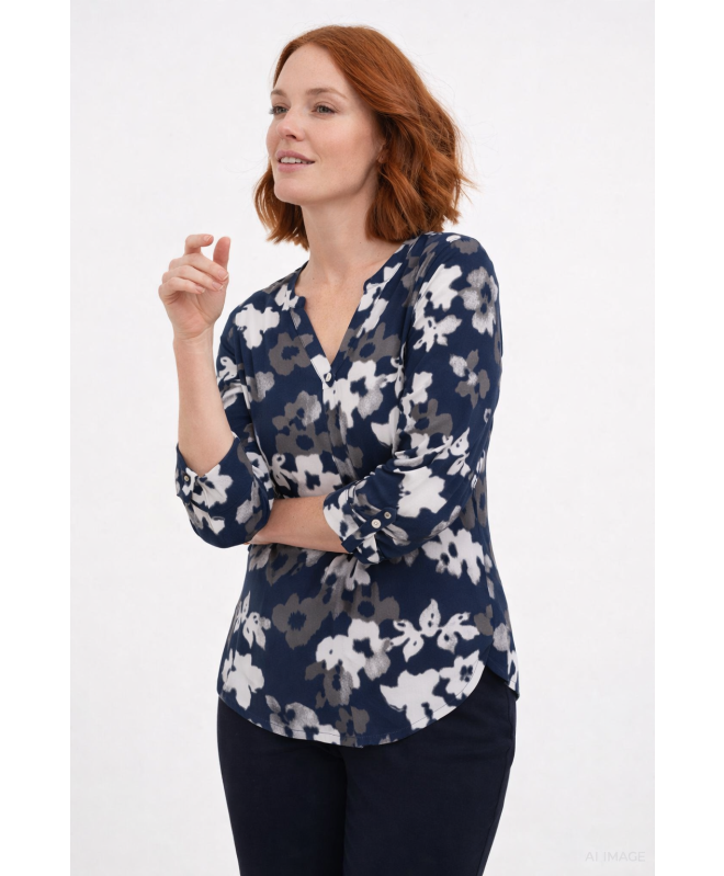 FLORAL PRINT SOFTSTRETCH TOP WITH 3/4 SLEEVE