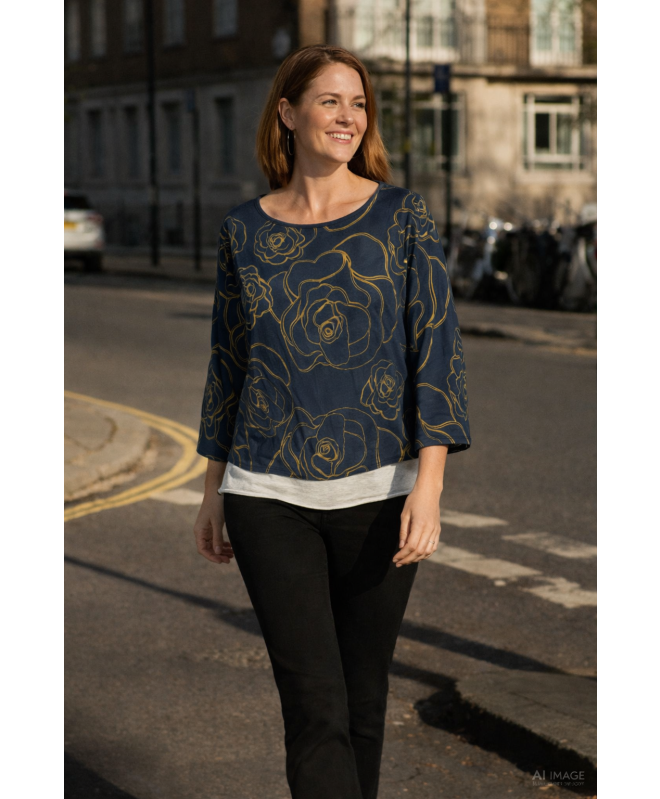 Flower print layered top round neck 3/4