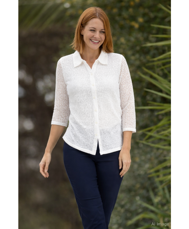 TEXTURED LACE BLOUSE WITH COLLAR 3/4 SLEEVE