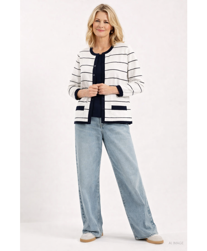 STRIPE MOCK CARDIGAN WITH VEST 3/4 SLEEV - WHITE NAVY