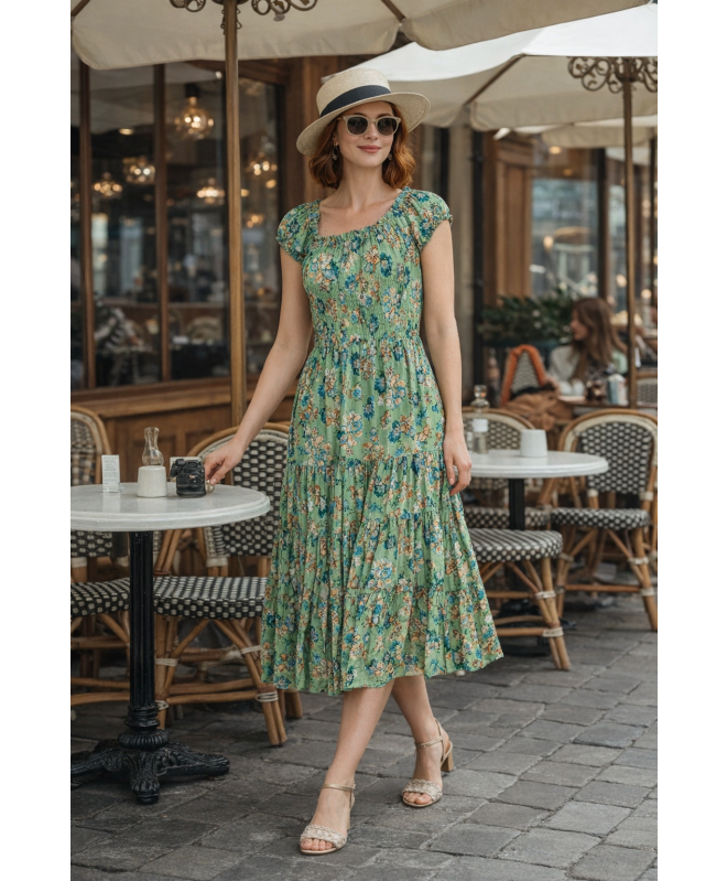 GREEN FLORAL PRINT GATHERED NECKLINE DRESS CAP SLEEVE 