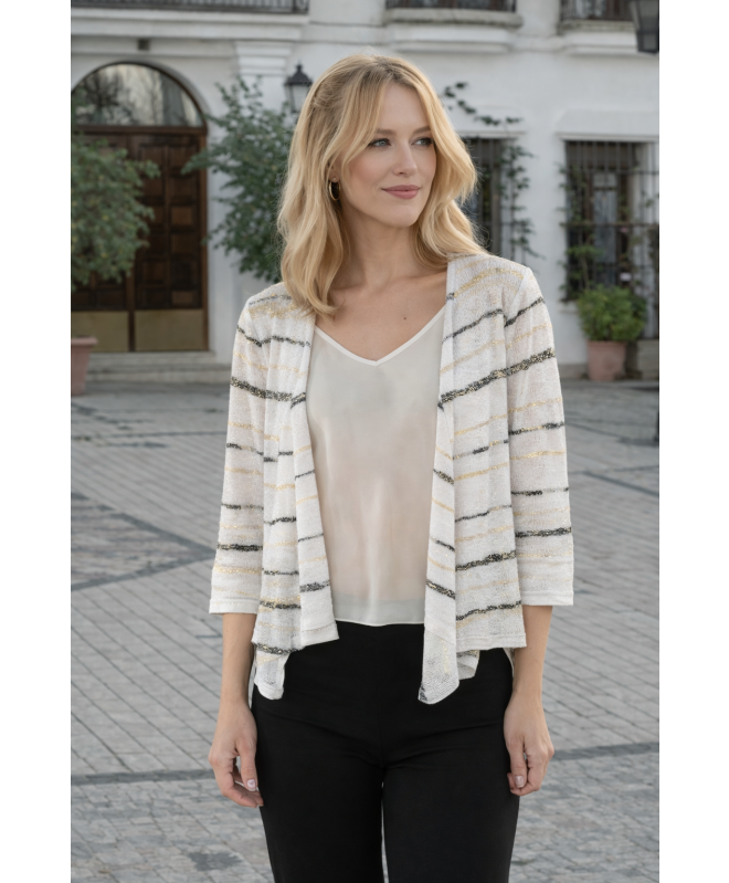 WHITE MULTI STRIPE PATTERN SHRUG WITH 3/4 SLEEVE