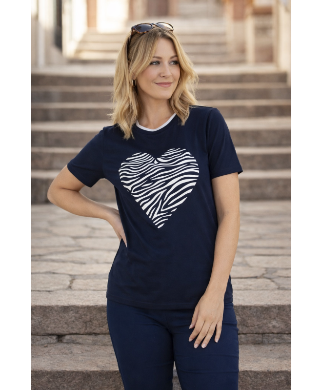 HEART PRINT TOP LUREX TRIM ROUND NECK