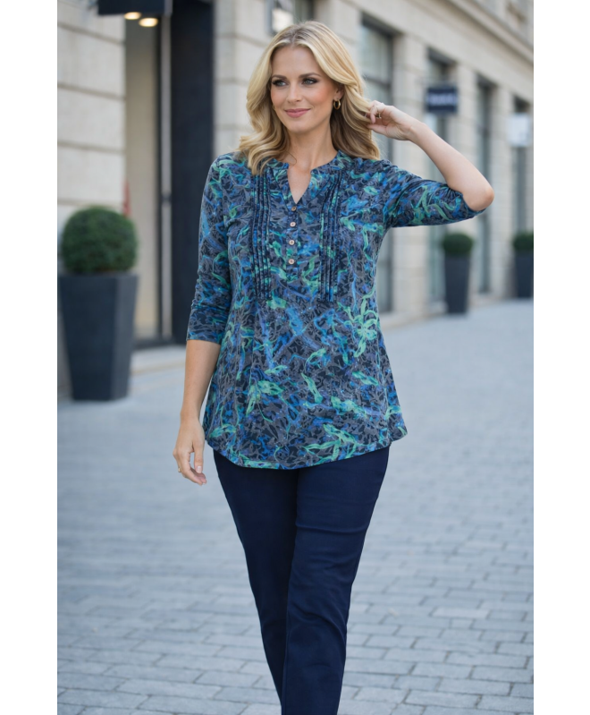 SWIRL LEAF PRINT BURNOUT TOP BUTTON PLEA