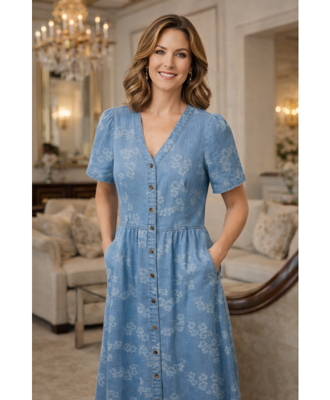 FLOWER EMB. BUTTON FRONT DENIM DRESS V-NECK