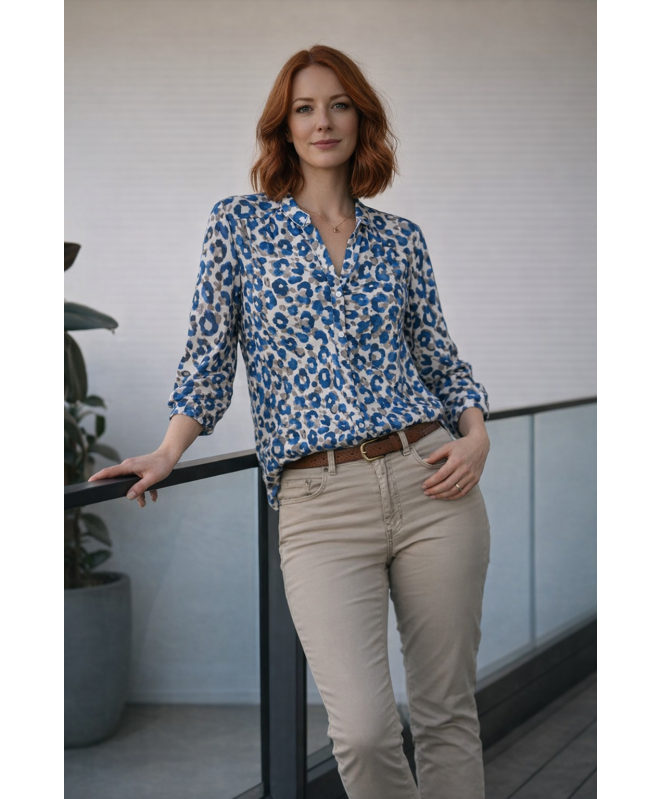 BLUE ANIMAL PRINT BLOUSE WITH 3/4 SLEEVE