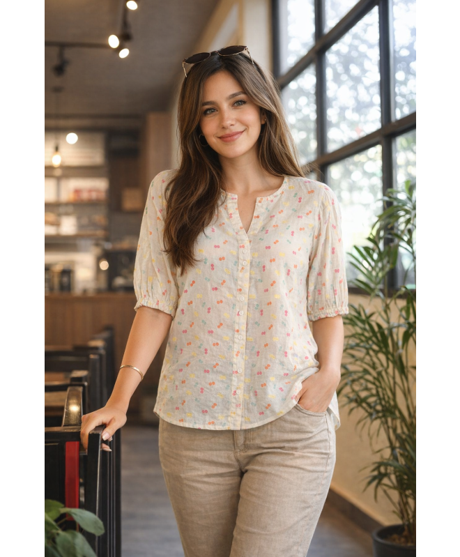 MULTI SPOT BLOUSE ROUND NECK WITH MID SLEEVE
