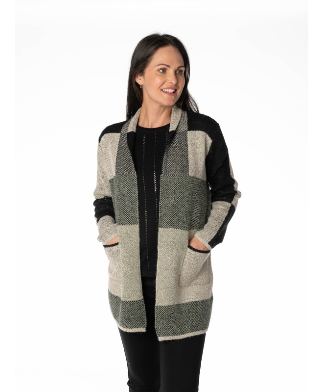 KHAKI BLOCK PATTERN LONG SLEEVE CARDIGAN