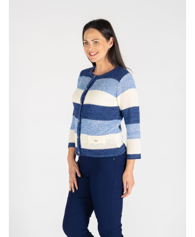 BLUE MULTI STRIPE CARDI POCKET DETAIL 3/4