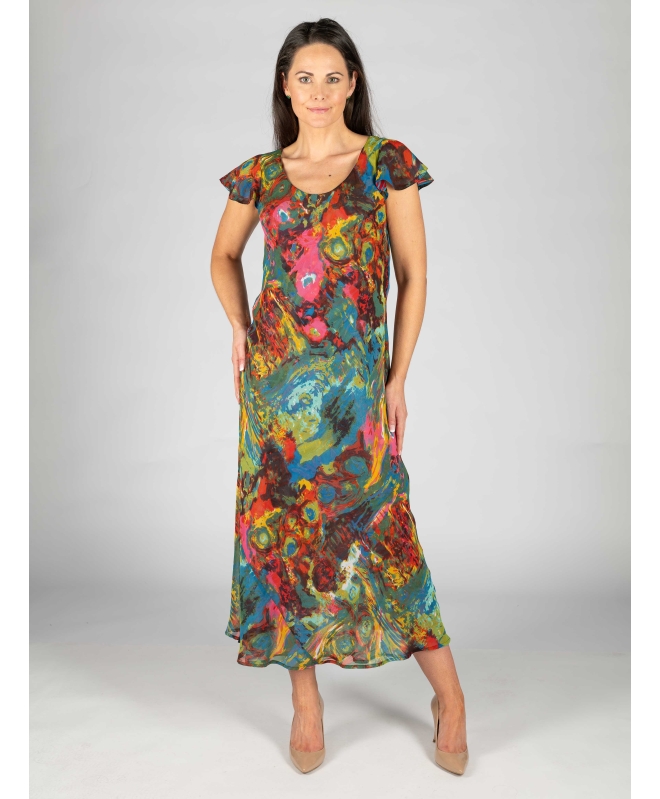 RED PRINT CAP SLEEVE 52 INCH LONG