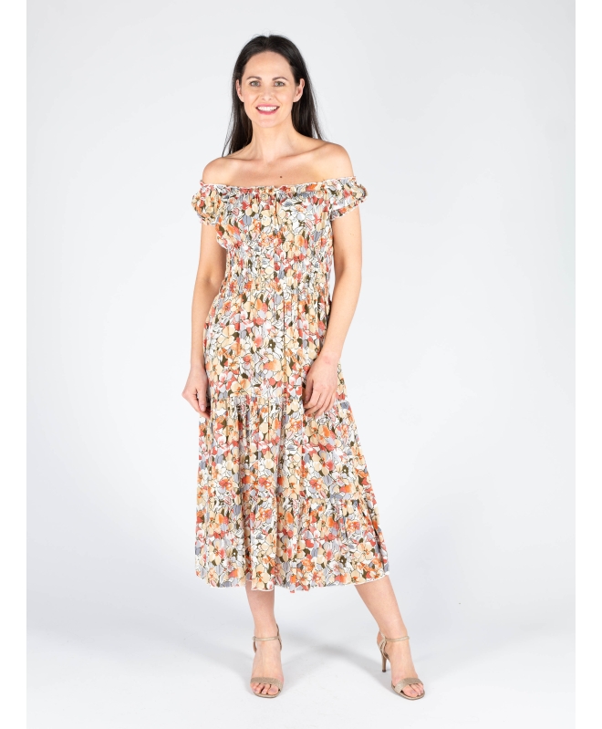 CAP SLEEVE PRINTED GATHERED NECKLINE DRESS 