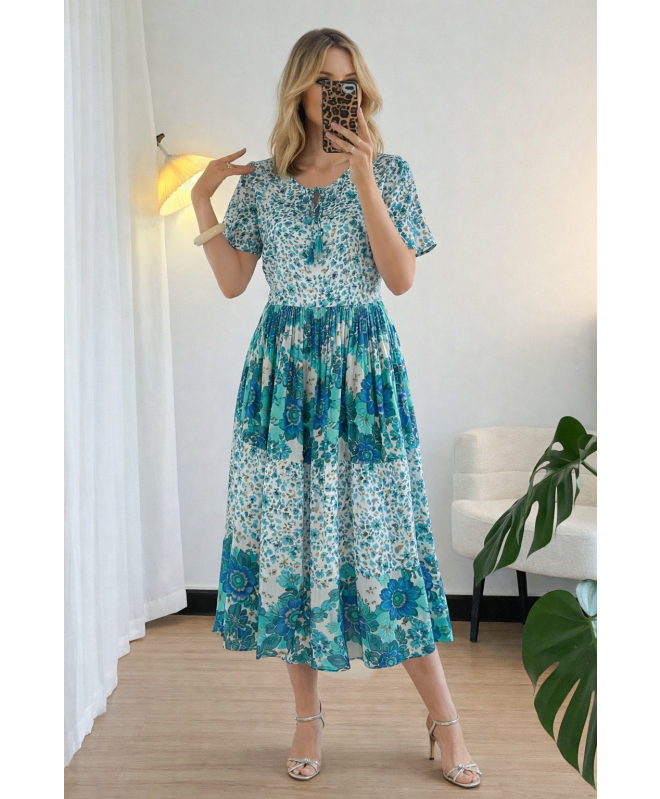 MINT PRINT PRINT DRESS ROUND NECK WITH SHORT SLEEVE