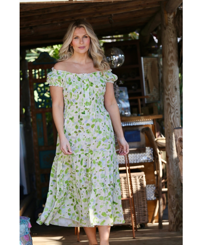 GREEN PRINTED GATHERED NECKLINE DRESS CAP SLEEVE