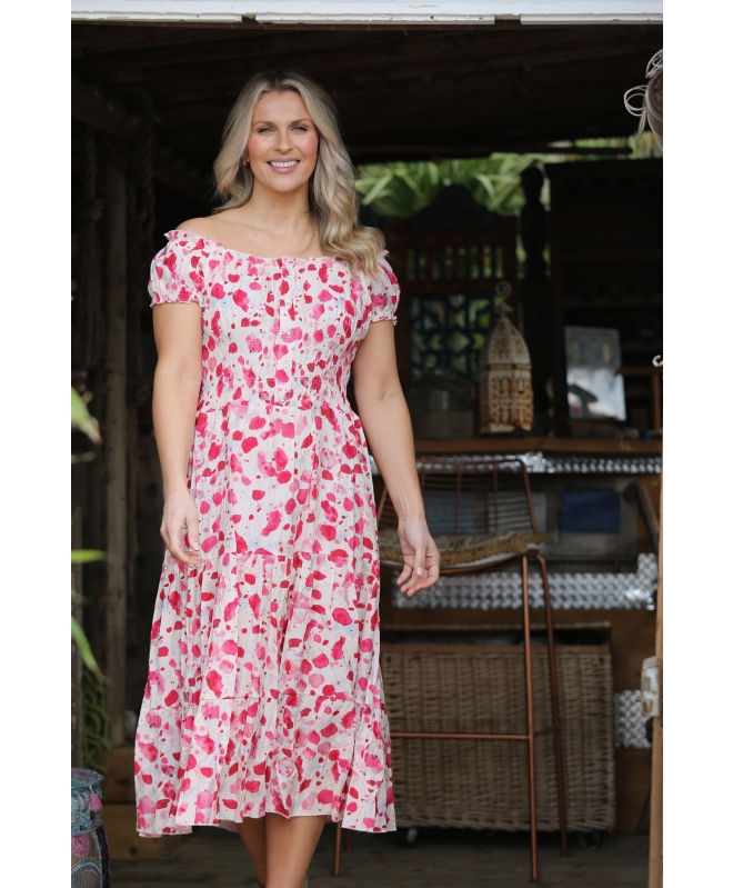 PINK PRINTED GATHERED NECKLINE DRESS CAP SLEEVE