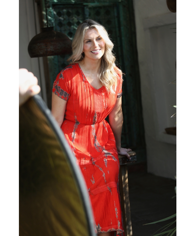 RED TIE DYE DRESS V NECK SHORT SLEEVE