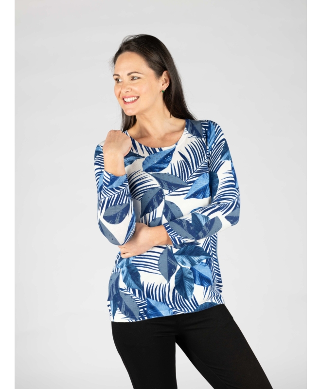 Printed Leaf Jumper Round Neck with 3/4 Sleeve