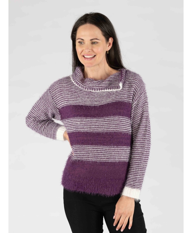 Purple Color Fluffy stripe cowl neck jumper long sleeve