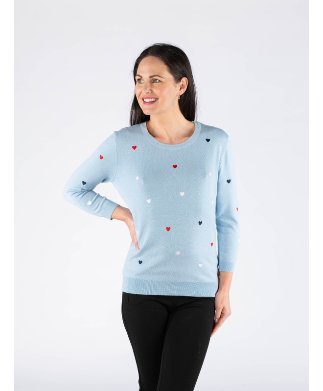 HEART EMBROIDERY 3/4 SLEEVE JUMPER AND ROUND NECK