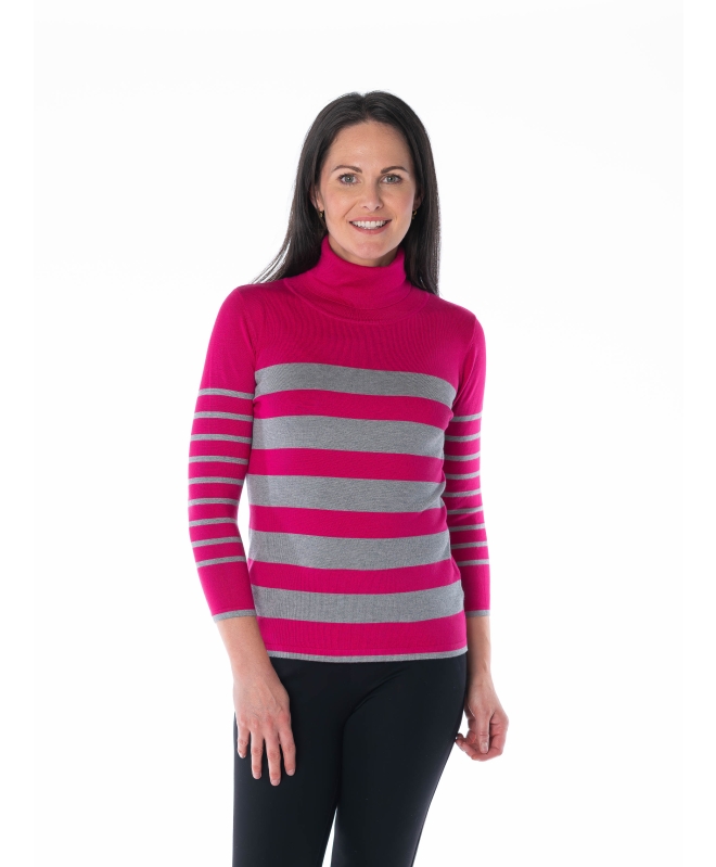 CERISE GREY ROLL NECK STRIPED JUMPER 3/4 SLEEVE