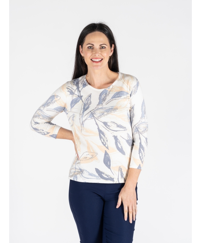 LEAF PRINT JUMPER ROUND NECK 3/4 SLEEVE