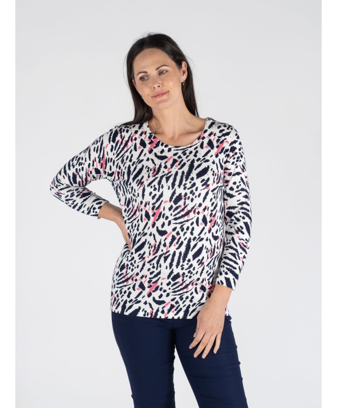 PINK NAVY ANIMAL PRINT JUMPER ROUND NECK 3/4 SLEEVE