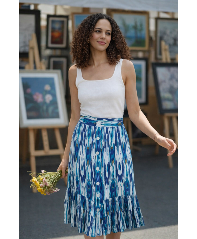 TURQ PRINT FRONT BUTTON CRINKLE SKIRT BOTTOM FRILL