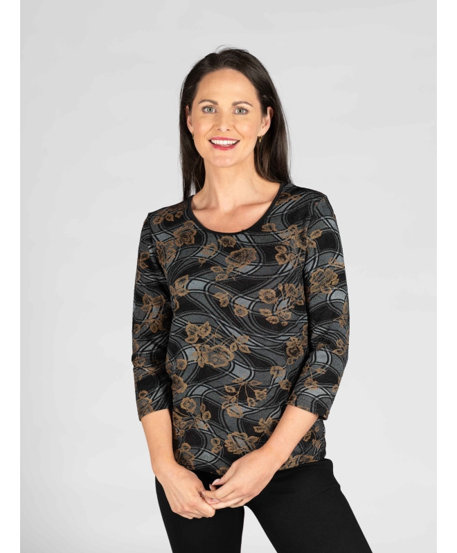 BRONZE METALLIC PRINT TOP ROUND NECK