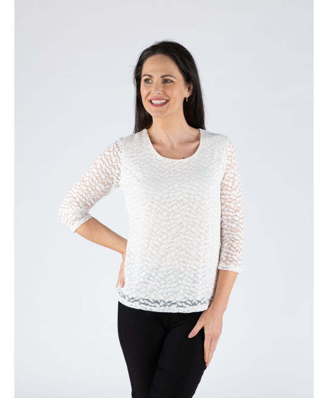 FLOWER PRINT WHITE LACE TOP ROUND NECK WITH 3/4 SLEEVE