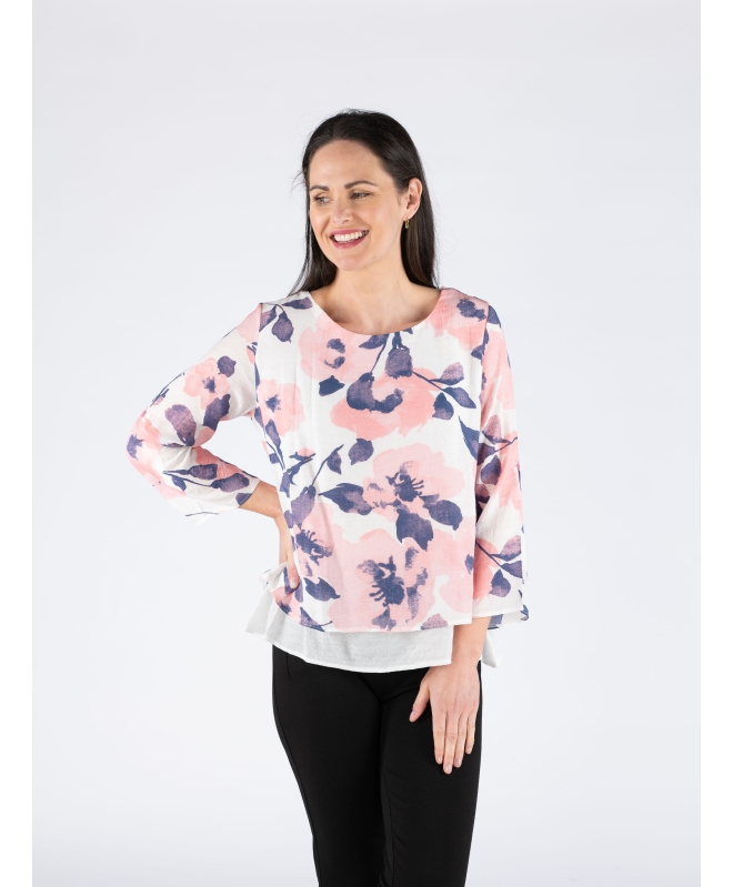 FLOWER PRINT LAYERED TOP ROUND NECK 3/4 SLEEVE