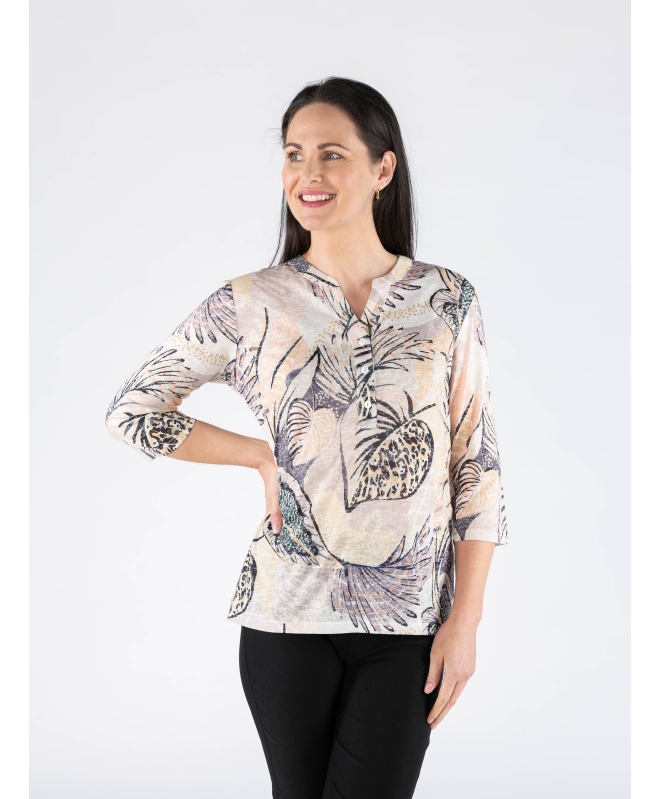 LEAVES PRINT  BUTTON PLACKET TOP WITH ROUND NECK