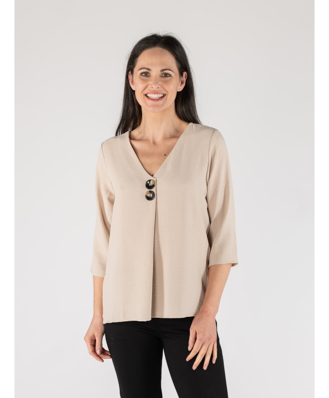 BEIGE BUTTON V-NECK TOP WITH 3/4 SLEEVE