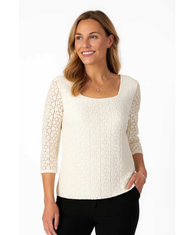 SQUARE NECK LACE TOP WITH 3/4 SLEEVE