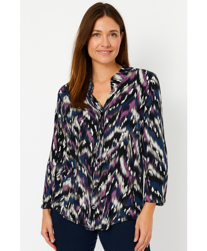 Wavy Print Top With Button Placket 3/4 Sleeve