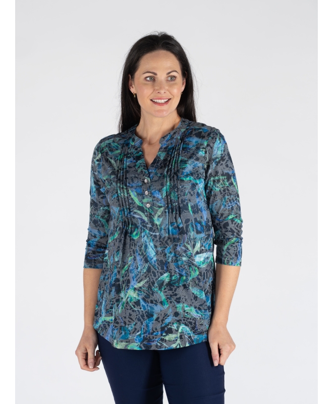 SWIRL LEAF PRINT BURNOUT TOP BUTTON PLEA