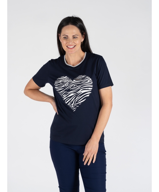HEART PRINT TOP LUREX TRIM ROUND NECK