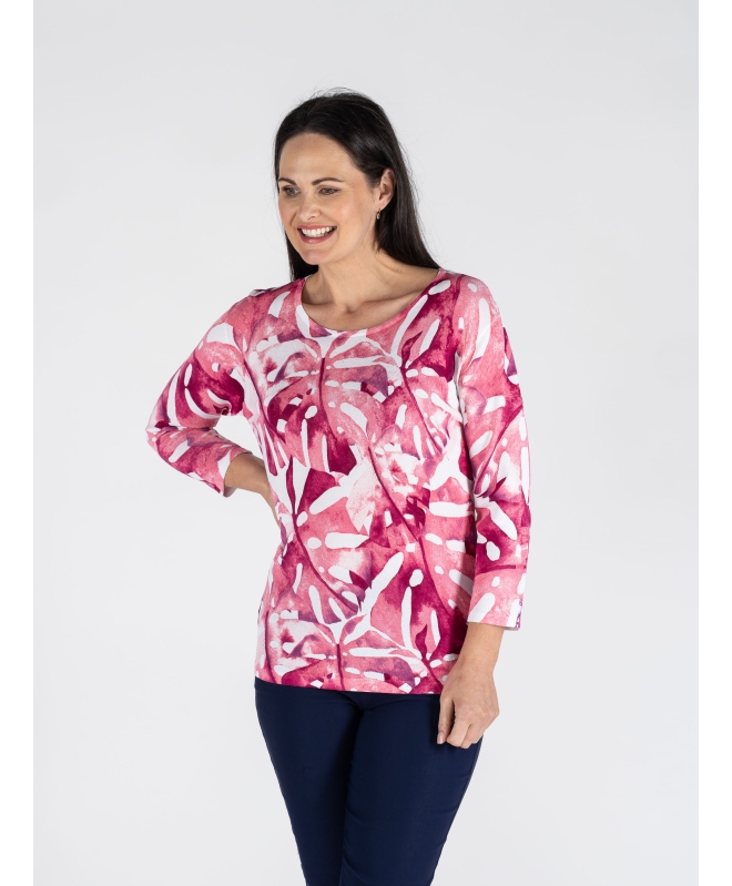 CERISE BOLD LEAF PRINT TOP & 3/4 SLEEVE ROUND NECK