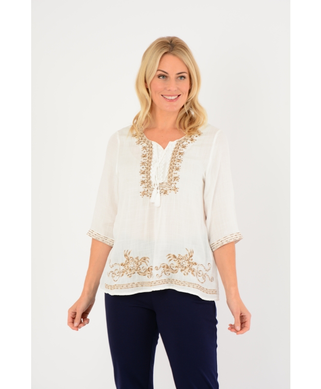 White Beige Embroidered Neckline Tunic- TU30016
