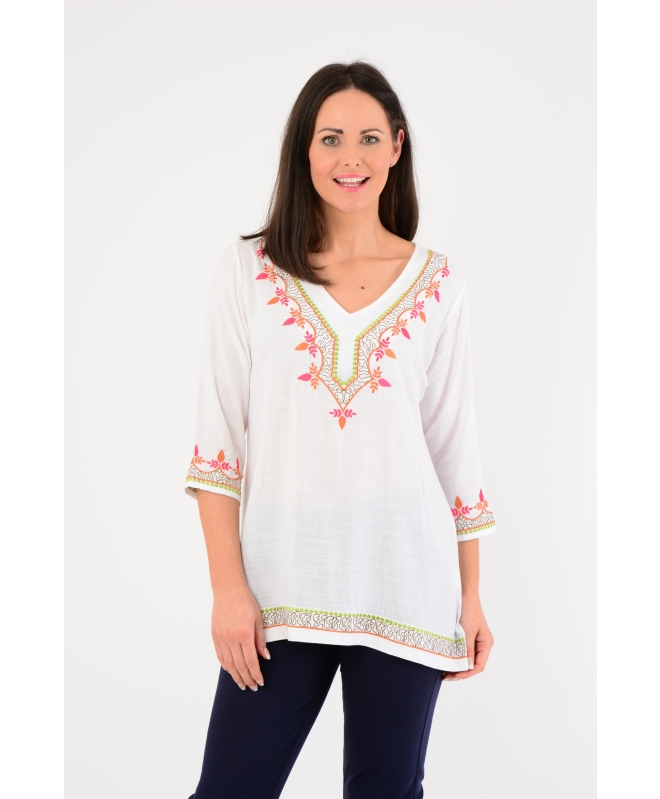 White Orange EMBROIDERED V NECK TUNIC