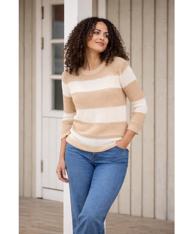 WIDE STRIPE ROUND NECK JUMPER 3/4 SLEEVE